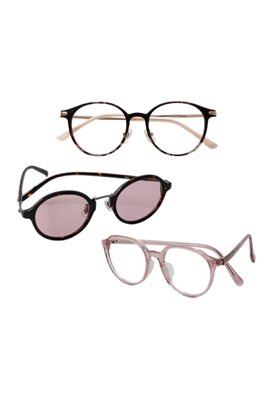 デザインが春らしいカラーのメガネこれからの季節にオススメのサングラスなど機能性も兼ねた各種アイウェア